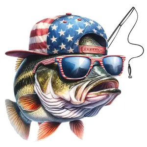 Bass with American Flag Hat and sunglasses Direct To Film Print, DTF Print, Ready To Press Print For T-Shirts