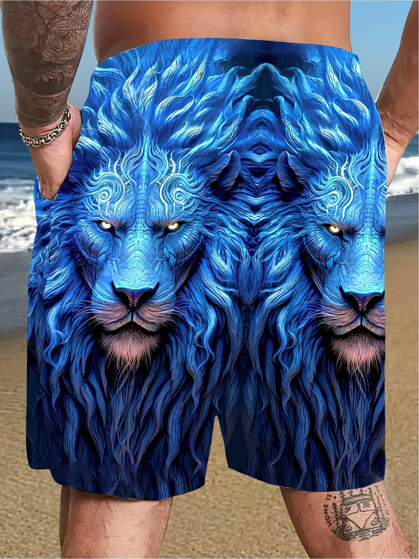 Men's 3D lion pattern quick-drying printed trunks with elastic waistband - Vibrant blue and white beach shorts, Swimsuit Shorts, Swimwear Shorts, suitable for summer vacations and relaxation by the pool.