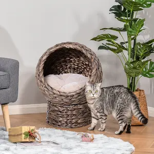 PawHut Handwoven Elevated Cat Bed with Soft Cushion & Cat Egg Chair Shape, Cat Basket Bed Kitty House with Stand, Raised Wicker Cat Bed for Indoor Cats, 20" Dia. x 23.5" H