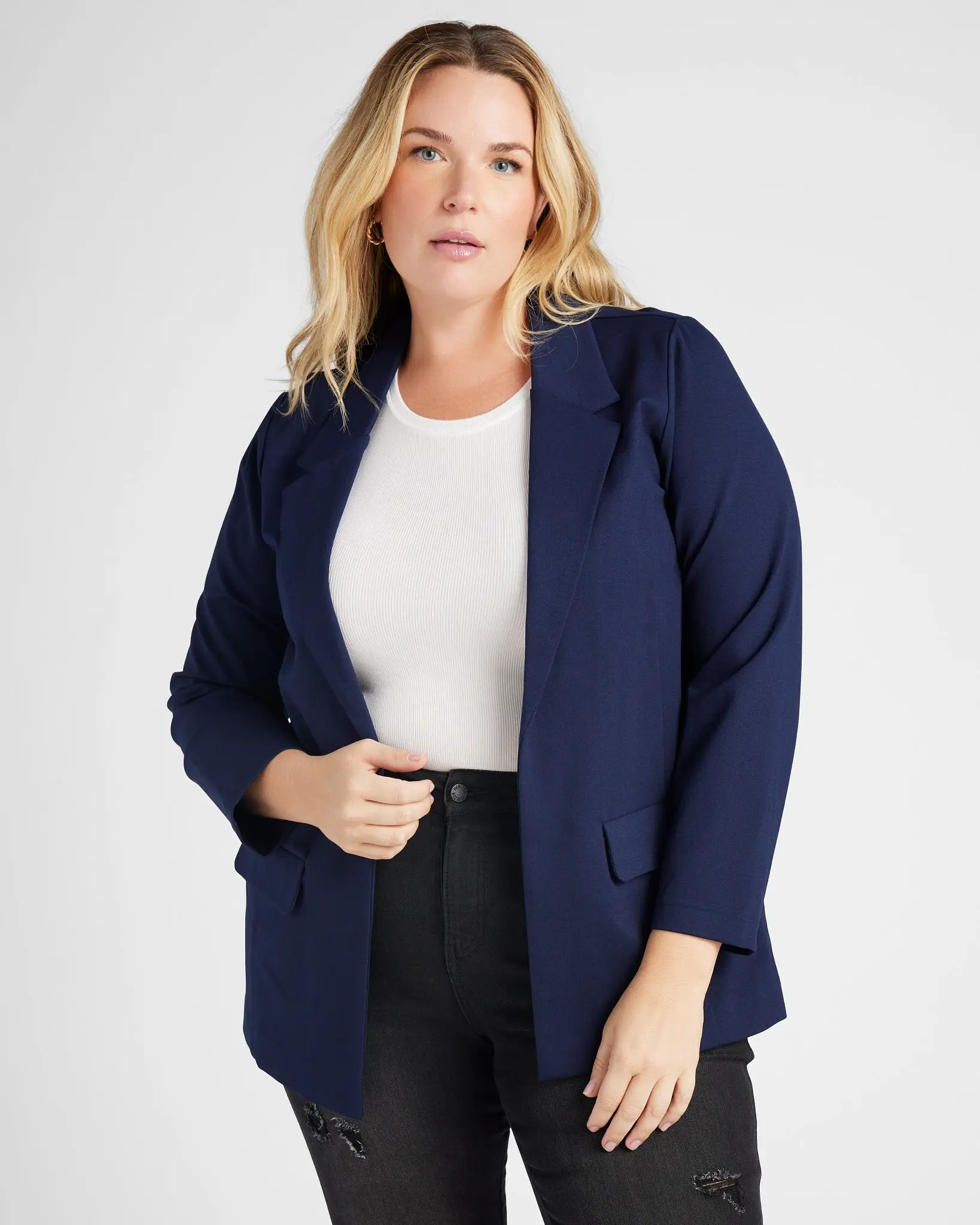 Plus Size Boyfriend Blazer, Casual Solid Open-Front Design, Extra Stretchy-Soft with Hourglass Shape Affirming Tailoring, Extra Stretchy-Softness