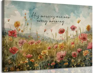 Lamentations 3:22-23 Religious Wildflower Canvas Wall Art - His Mercies Are New Every Morning Quote - Botanical Spring Floral Framed Print for Bedroom & Living Room