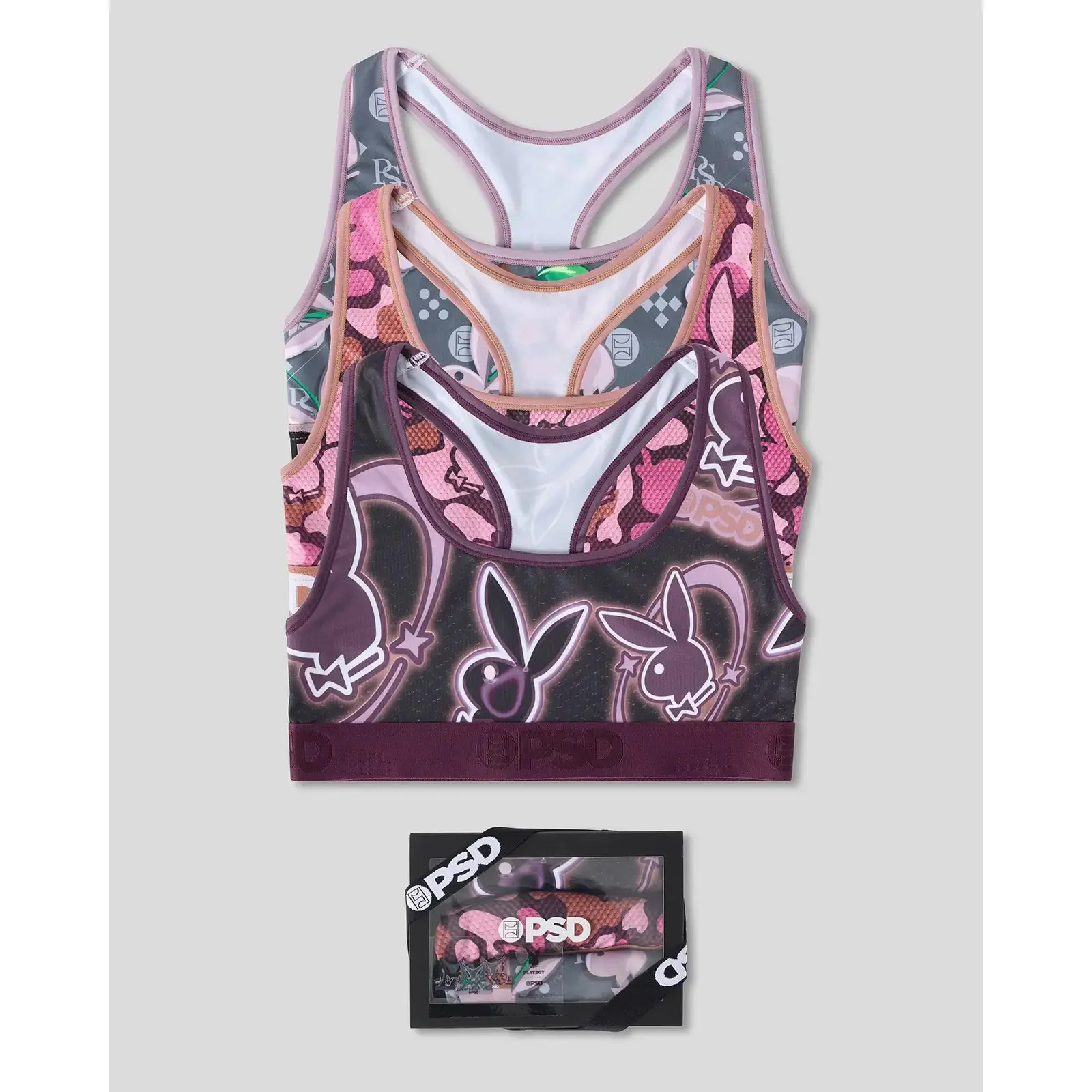 PSD Womens Playboy Tumble Racerback Sports Bra 3 Pack - Comfortable, Breathable, Ultra-light Fabric PSD Womens Playboy Tumble Racerback Sports Bra 3 Pack - Comfortable, Breathable, Ultra-light Fabric