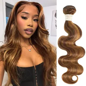 ANMETAN #P4/27 Honey Blonde Highlight Bundle Body Wave, 12A 100% Brazilian Remy Real Human Hair Piano Color Highlight Brown Balayage Ombre Colored Thick Single Bundle Wavy For Black Women