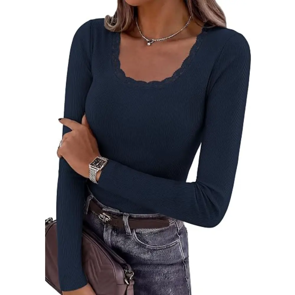 PRETTYGARDEN Womens Long Sleeve Tops Casual Fall Fashion  Lace Square Neck Fitted Ribbed Knit Tee Shirts Winter Clothing