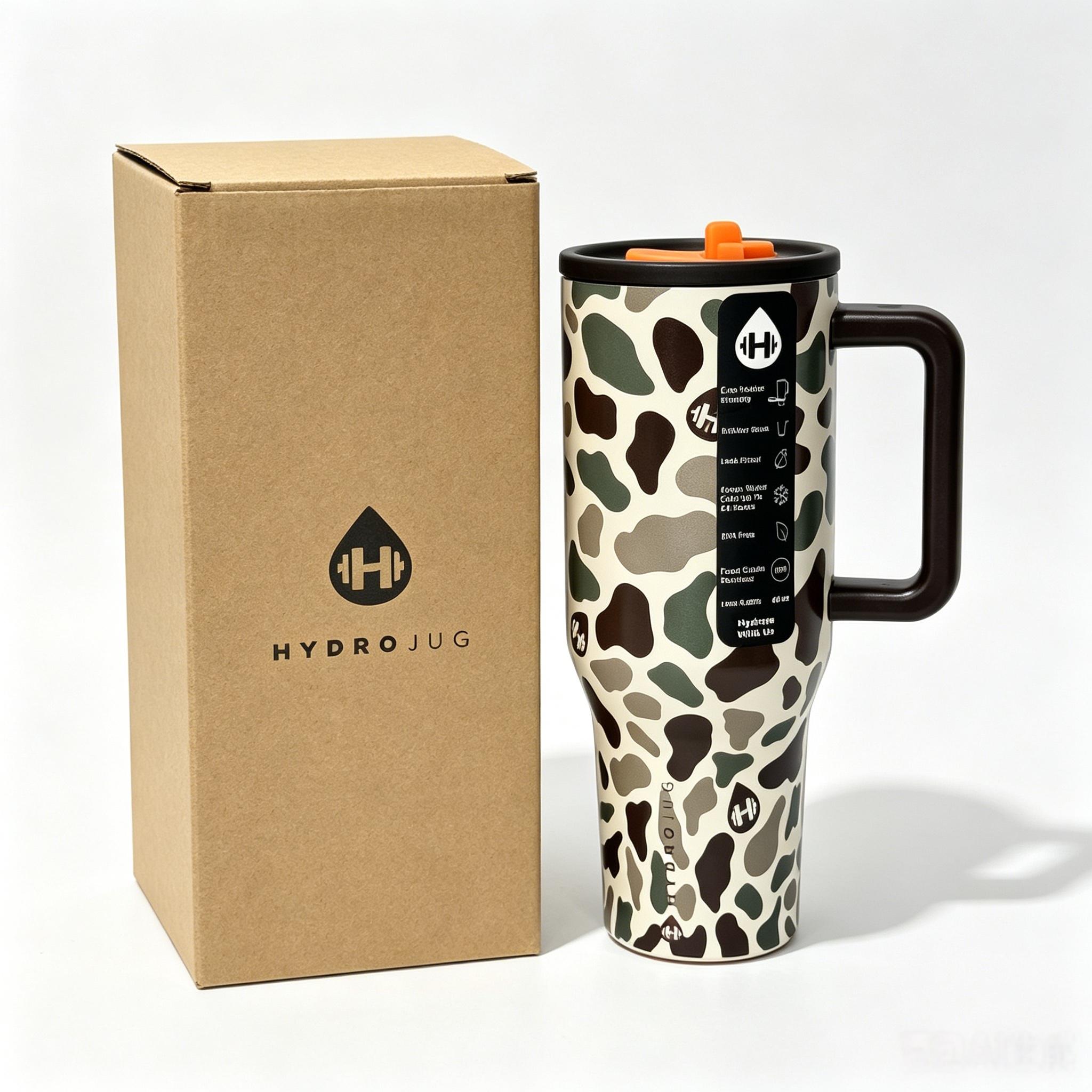 HydroJug 40oz Vintage Forest Camo Insulated Stainless Steel Tumbler Flask - Portable Leak-Proof Straw Lid, Handle, 24 Hours Cold Insulation, Cup Holder-Friendly BPA-Free Bottle, Father's Day Gift For Car