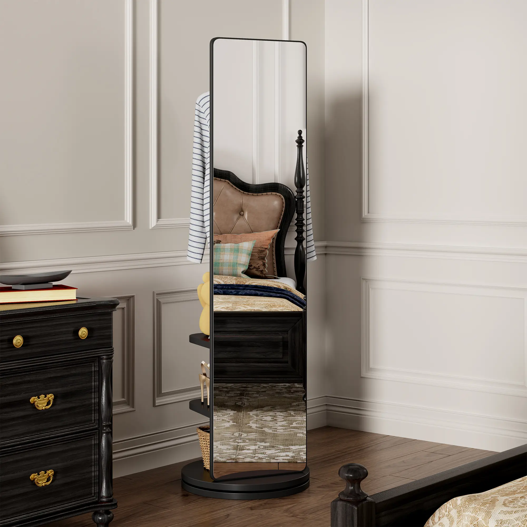 Freestanding 360° Rotating Dressing Mirror – 66"x14" Solid Wood Full Length Mirror with Coat Rack & Storage Shelves, Space Saving Organizer for Living Room or Closet, Black