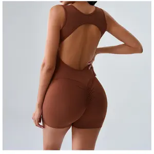 Yoga jumpsuit with shorts, chest pads, hollowed-out back, and sporty design for fitness