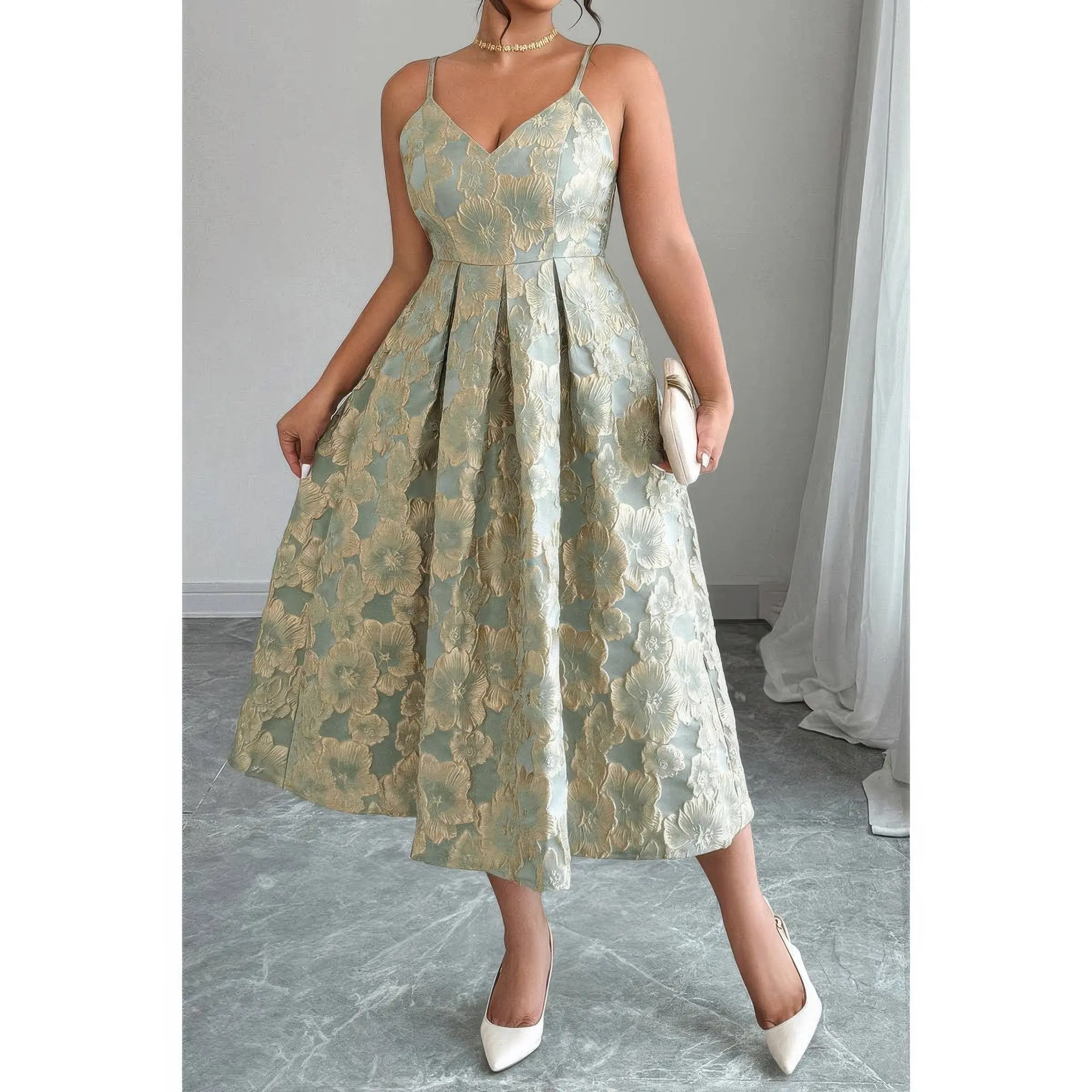 Plus Size Jacquard Elegant Spaghetti Strap Dress