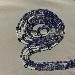Bluest Eye Waist Bead 60 Inches - Blue and White Beads with Evil Eye Accents