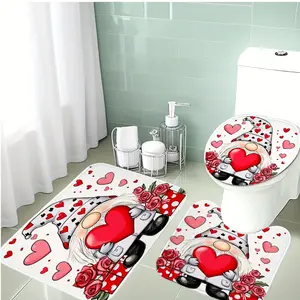 Valentine's Day Heart Pattern Bathroom Mat Set, Soft Flannel Toilet Cover Pad, Non-Slip U-Shaped Rug, Holiday Decoration, Bath Mats