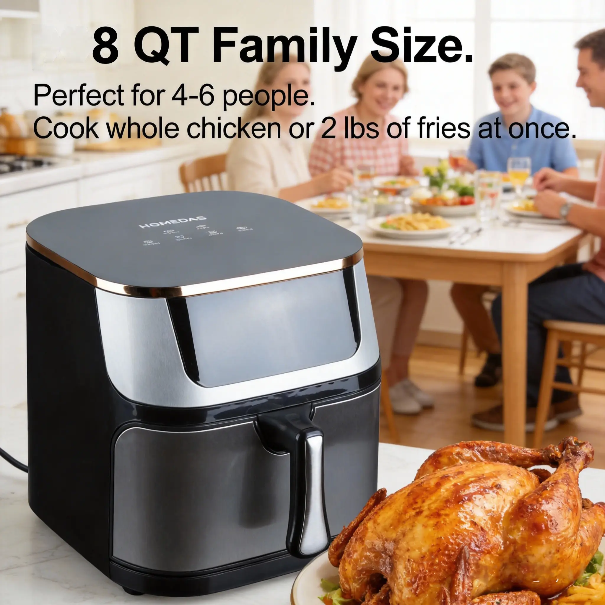 Household Oil-Free Air Fryer Multicooker with Stainless Steel Liner, US Standard 3-Prong Plug for Baking, Roasting