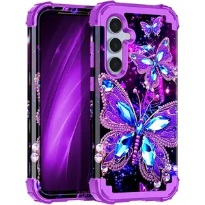 Compatible with Galaxy S24 FE 5G Case,Glow The Dark Three Layer Heavy Duty Shockproof Protection Hard Plastic Bumper+Soft Silicone Protective Case for Samsung Galaxy S24 FE,Dark