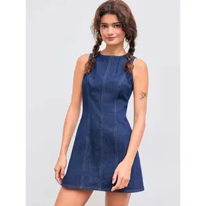 Cider Denim Solid Zipper Sleeveless Mini Dress