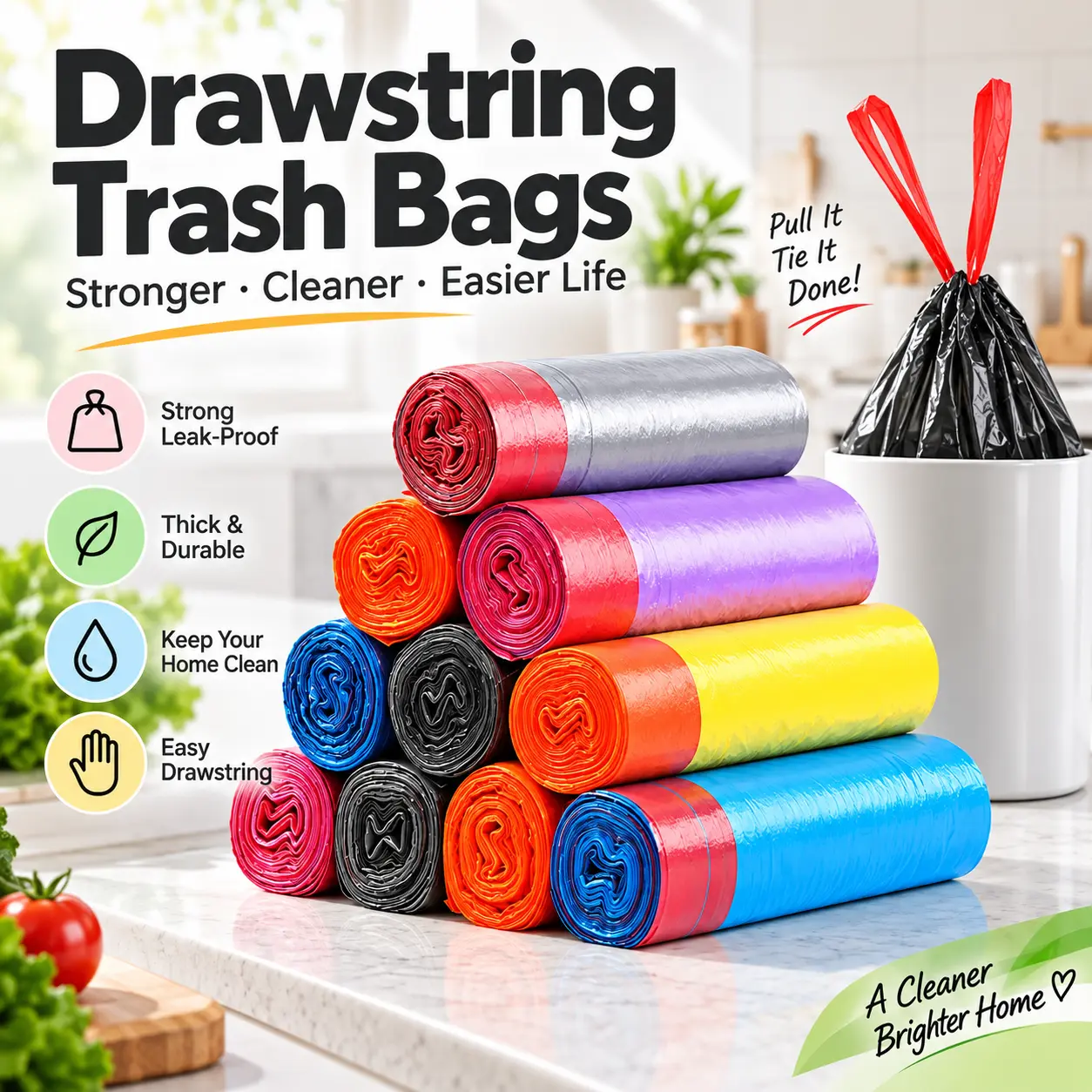 Heavy-Duty Thick Plastic Drawstring Trash Bags, Leakproof Tear-Resistant Disposable Bin Liners, Blue-5 Rolls 75 Counts Everyday Bags for Kitchen/Bathroom Daily Use