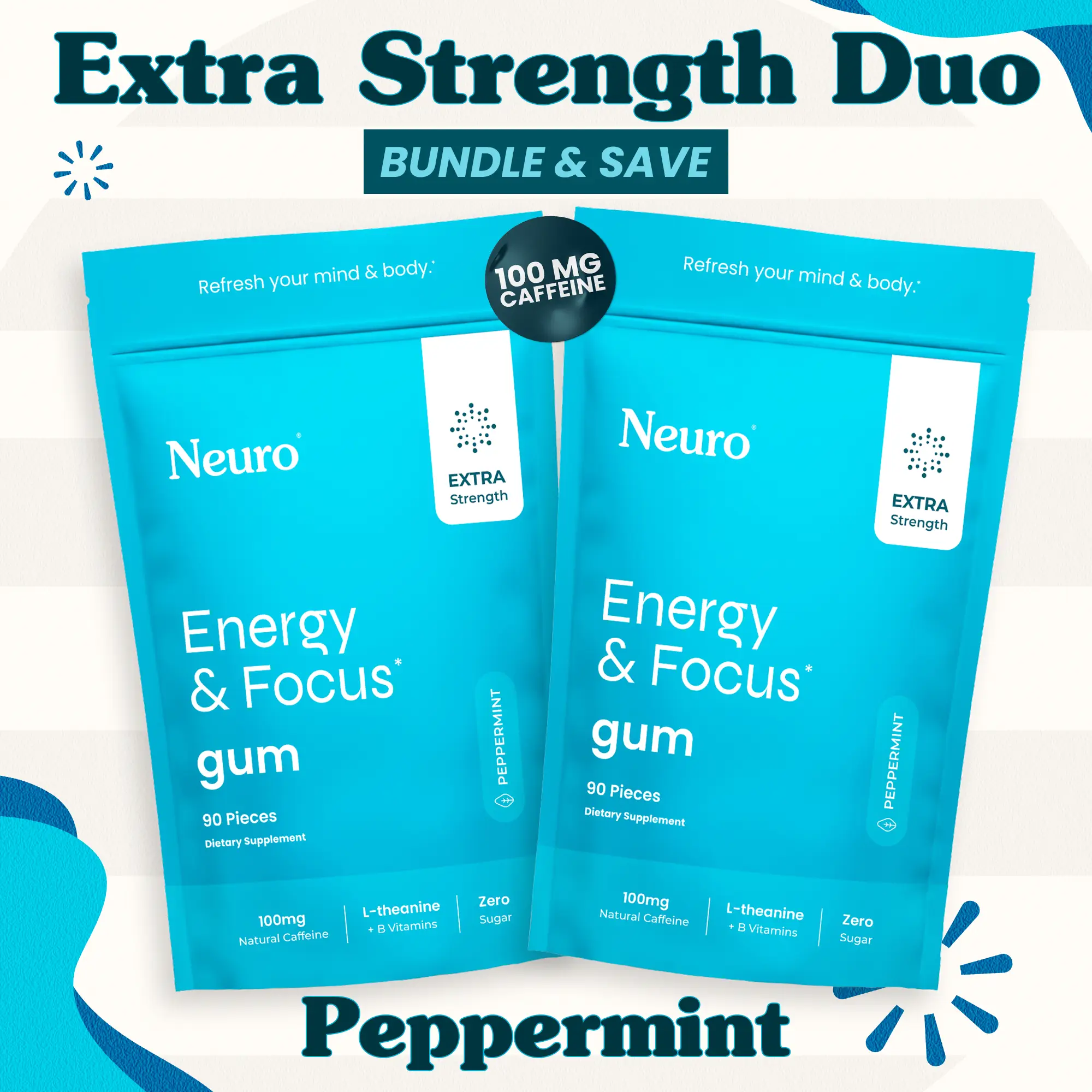 Extra Strength Duo - Energy & Focus Caffeine Gum (100mg) - Peppermint (2-Bulk Pouches)
