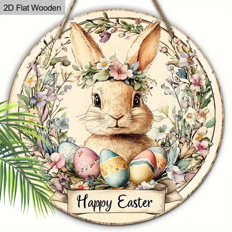 1PC Retro Easter Decoration - Floral Bunny and Pastel Egg Hanging Ornament - Happy Easter Sign - Large Size 7.87inch / 20cm Home, Party, Cafe Wall Decoration - No Electricity Required - Pastel Color Tone - Easter Gift Idea, Bunny Decoration