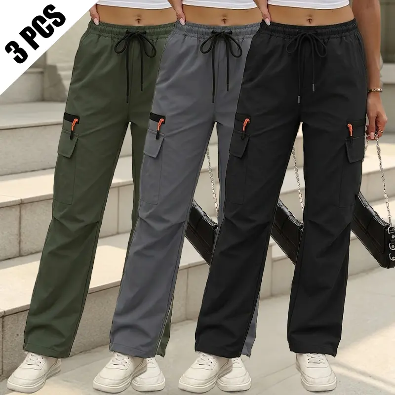 3-pack women’s casual versatile solid-color long pants with elastic drawstring waist, regular fit, cargo design with multiple pockets—perfect for everyday wear, sports, outdoor activities, and streetwear; an ideal choice for travel.