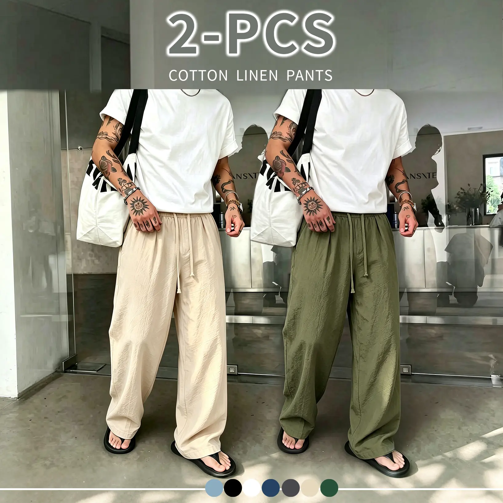 2-pcs Men’s breathable pure cotton-linen wide-leg pants,  elastic drawstring waist, loose casual long trousers, lightweight and versatile for everyday walks, vacations, and streetwear looks Fabric Menswear Straight