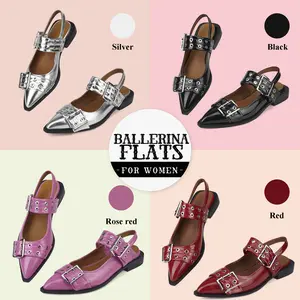 Wide Welt Buckle Ballet Flats for Women Slingback Flats Casual Ballerina Shoes Flat Squared Block Heel Pumps