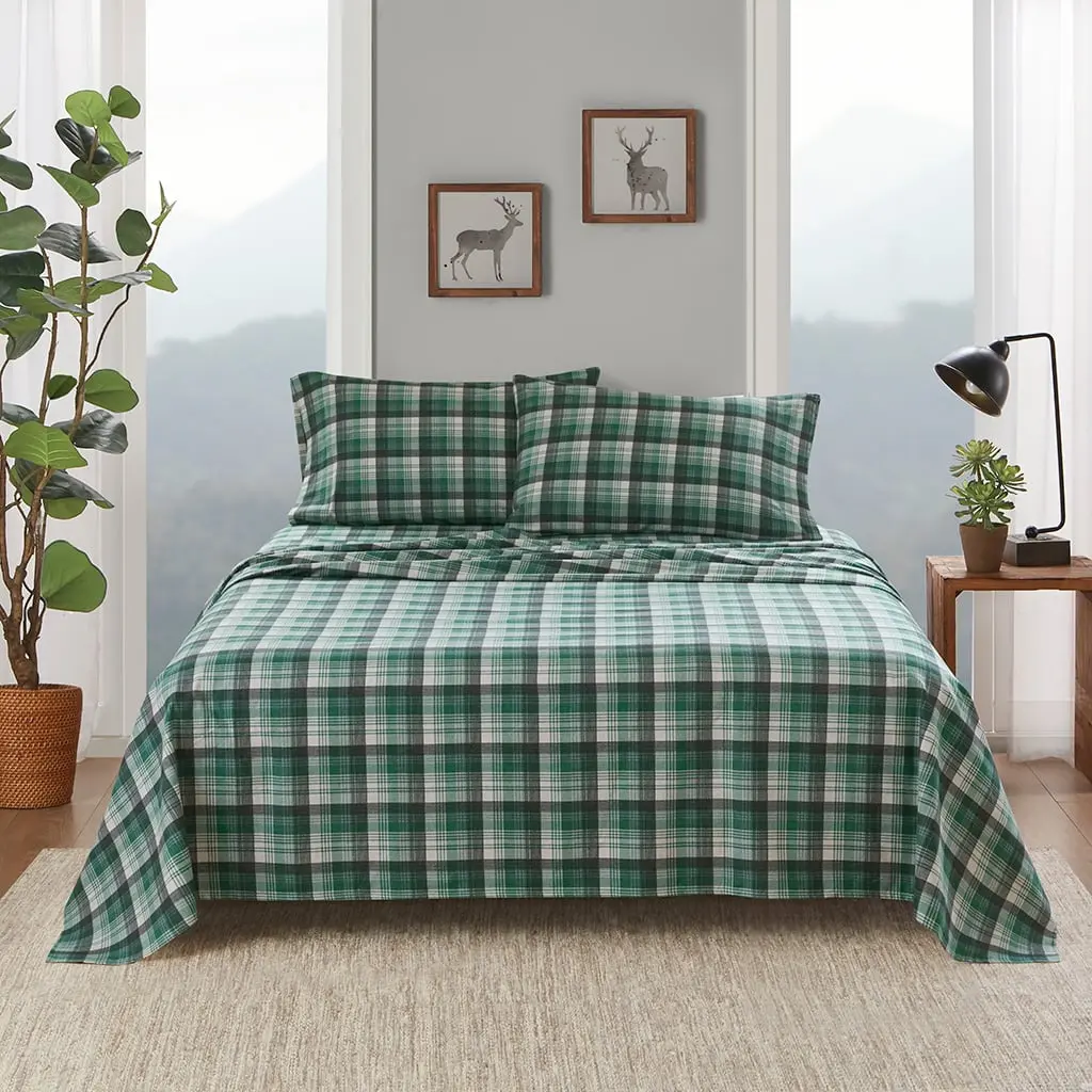 360 Stand California King Cotton Flannel Sheet Set - WR20-4005, 108x102x0.13in, Green Classic Prints, Flannel Weave, Machine Washable, Soft Bedding Sets, Cabin Aesthetic, Decorative Bedding Set