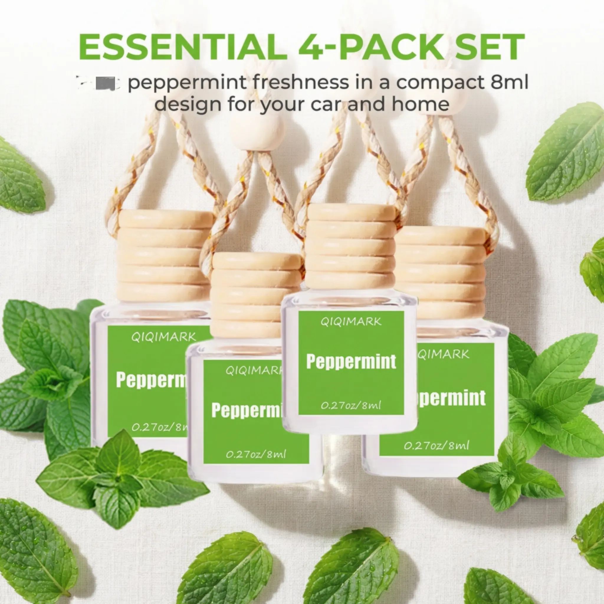 4 Pack Hanging Air Freshener Diffuser - 8ML Peppermint Essential Oil Car Diffuser Bottle, Long-Lasting Aromatherapy Fragrance for Car/Home/Office, Natural Mint Scent