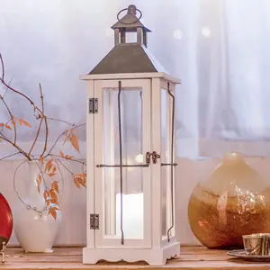 26in Farmhouse White IP65   Metal Decorative Lanterns with Remote Control, Timer, Tempered Glass, Flameless Pillar Candles, Decorative Lanterns for Home Decor, Front Porch, Wedding