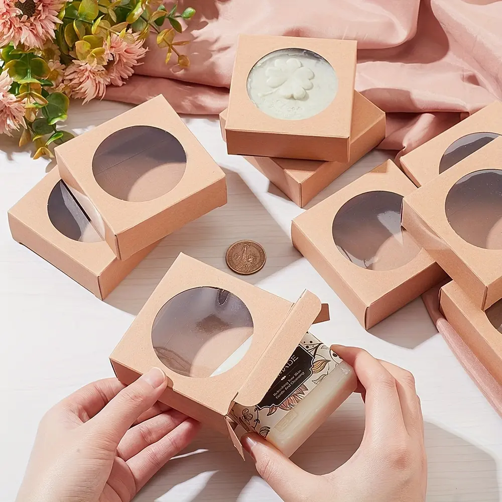30-Pack Square Kraft Paper Gift Boxes with Round Clear Window, Foldable Small Jewelry Boxes, Beautiful Gift Box, Wrapping Box, 3.15x3.15x1.18inch, Perfect for Wedding, Party, Birthday, Anniversary Packaging