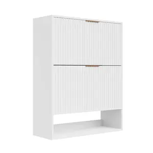 Garvee 31.5'' Shoe Cabinet for Entryway with 2 Flip Drawers, Fluted Slim Shoe Storage Cabinet, Narrow Free Standing Wooden Shoes Organizer for Foyer, Hallway