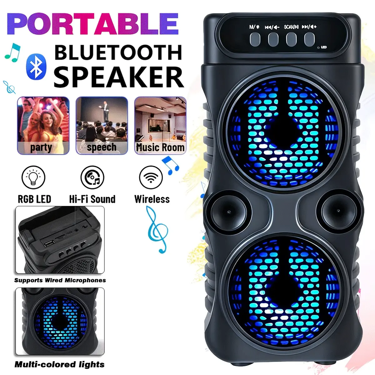 Portable wireless Bluetooth speaker with RGB lighting; lightweight subwoofer with a carrying handle; supports BT/TWS/FM/USB/TF/mic; perfect for home parties, outdoor camping, gatherings, and indoor music; an ideal gift for holidays Karaoke Machine