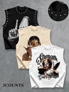 Men's Summer 3-Piece Set, Graphic Hand Woman Angel Pattern, Rhinestone Round Neck Loose Sleeveless T-Shirt, Casual Comfort for Outdoor Fitness, Sleeveless Workout Vest