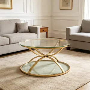 31.50'' Modern Glass Coffee Table with 2 Tiers, Ring-Shaped Frames, Metal Frame and Clear Tempered Glass, Round Coffee Table for Living Room, Bedroom and Office, Gold outdoorfun