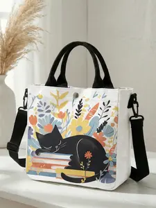 1 piece of black cat floral pattern 2D printed fashion crossbody bag, Fashionable Casual Bag, adjustable shoulder strap + snap closure | student party / office workers / shopping travel | a street essential that combines style and practicality