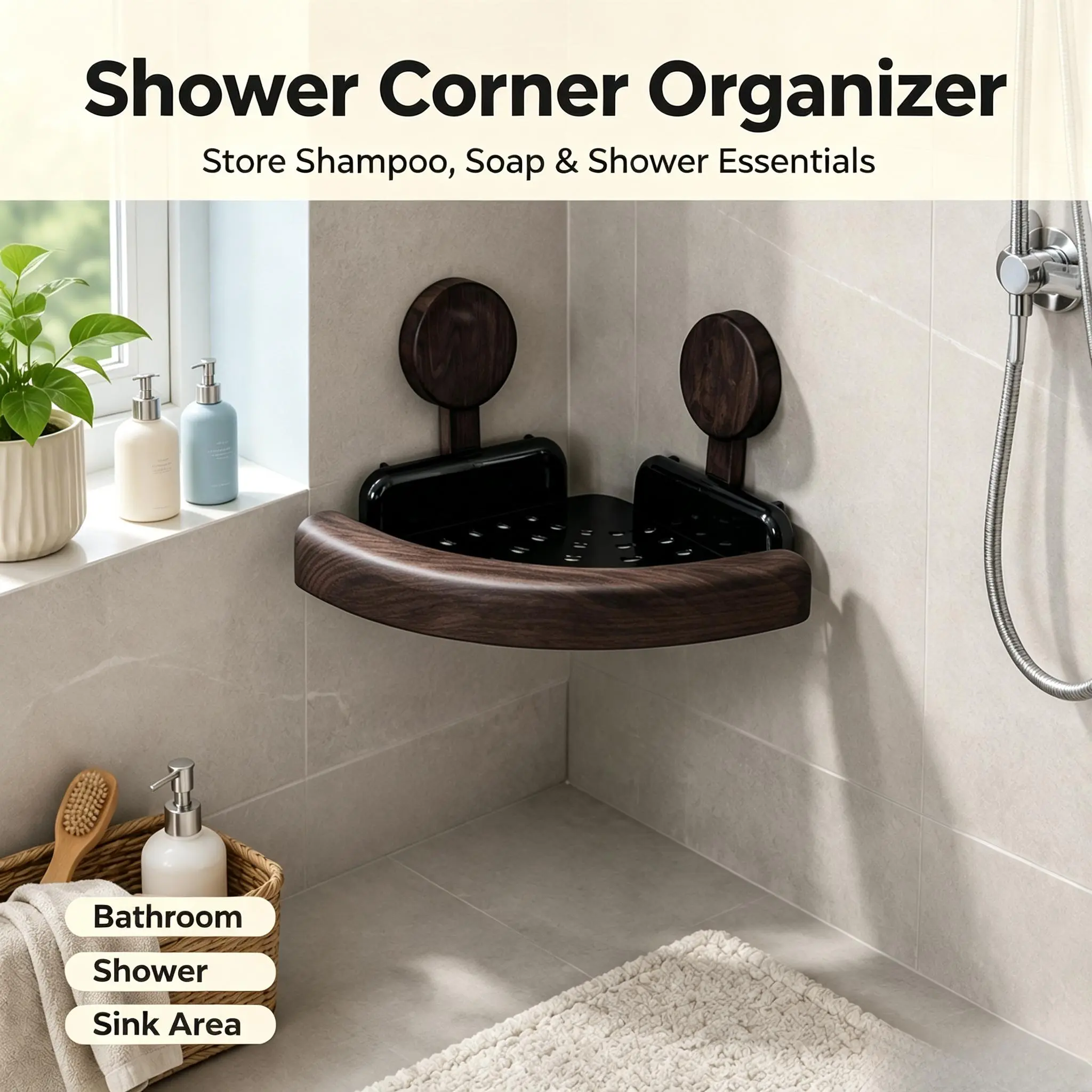 Punch-Free Adhesive Triangle Shower Caddy - Classic Compact Fit Space Saver, Dark Walnut Wood Grain Edge, Adhesive Mount No-Drill Removable Wall-Mounted Bathroom Shelf, Smooth Curve, Glossy Surface, Drain Hole, Waterproof Plastic Renter-Friendly Organizer