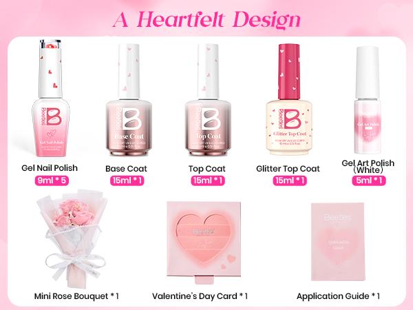 Beetles Gel Polish So In Love Collection - Glow In Love Valentine Gel Nail Polish Set, Pink Gel Nail Art Set with Base Top Coat Mini Rose Bouquet, Salon DIY at Home Valentine's Day Gift for Women Wife Girlfriend