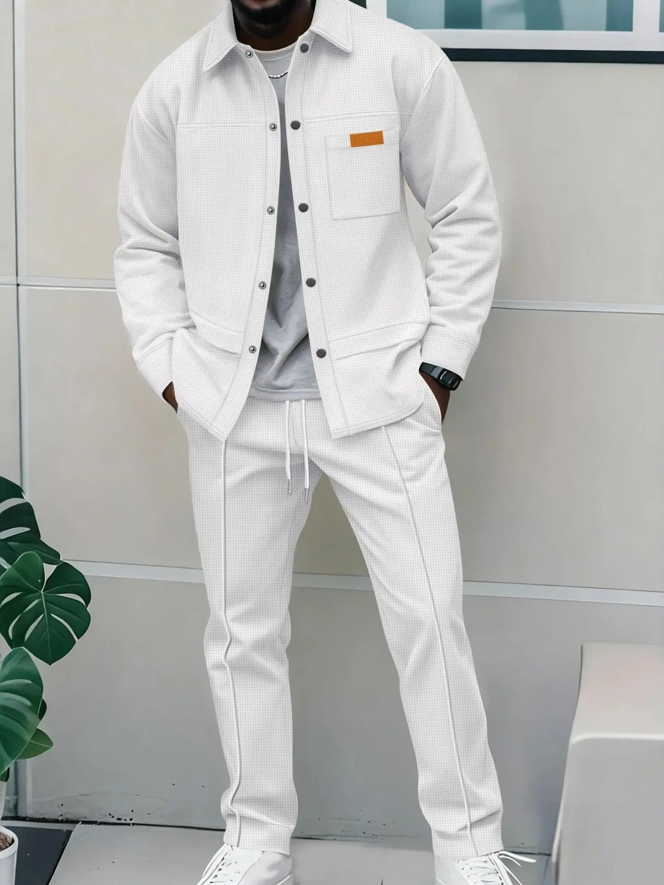 Men's Waffle Pattern Jacket and Pants Set, Lapel Single Button Workwear Pocket Patchwork Jacket, Drawstring Waist Casual Long Pants
