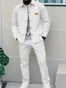 Men's Waffle Pattern Jacket and Pants Set, Lapel Single Button Workwear Pocket Patchwork Jacket, Drawstring Waist Casual Long Pants