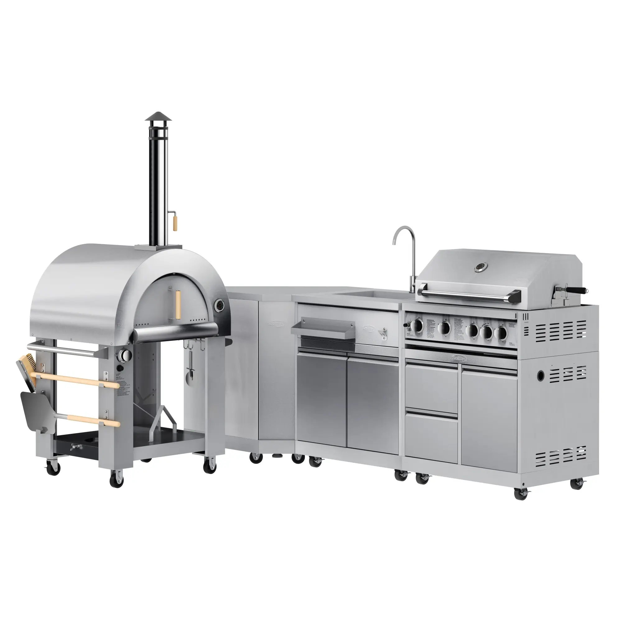 KoolMore Stainless-Steel Modular Outdoor Kitchen Series (KM-OKSKIT-CONFIG105) – Lead Durable Construction Set for BBQ Lovers & Family Gatherings with 30 in. Barbecue Grill, Dual Fuel Pizza Oven, Corner Cabinet, Sink