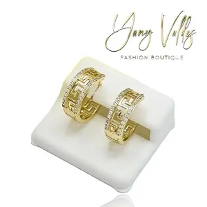 Gold Plated Greek Meander Pattern Crystals medium Hoop Earrings Oro Laminado. (It's not real gold)