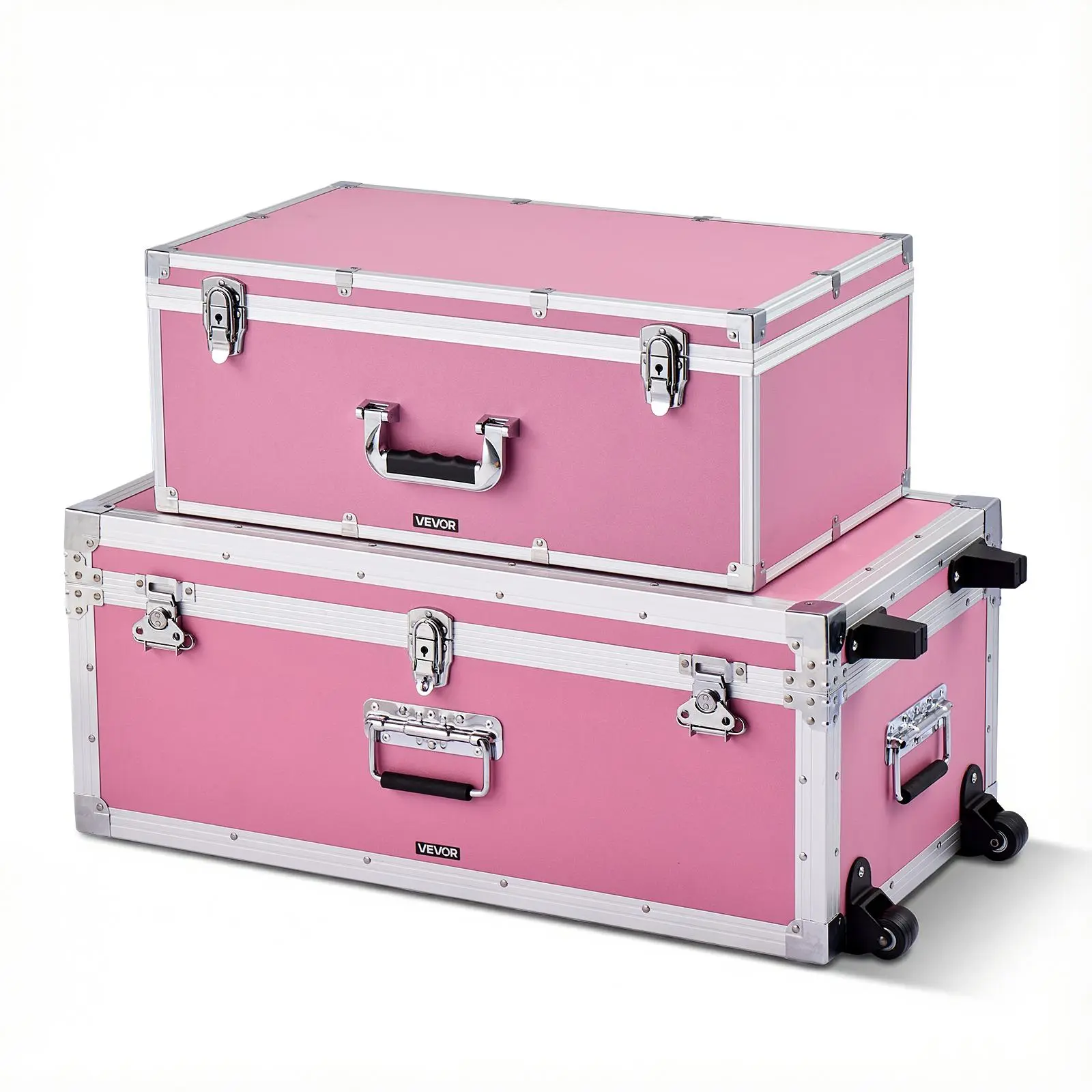 【Father's Day Gift】VEVOR 2x2 Metal Storage Trunk Set, Dual-Handled Durability Functional Organizer Boxes with Padlocks, Casters, 3 Metal Handles & Lids, Decorative Wooden Suitcase Chests for Apartment, Pink, Organizer Storage Boxes, 2X2 Storage Boxes