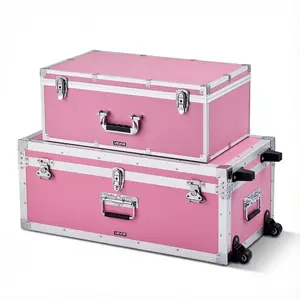VEVOR Metal Storage Trunk, Summervibes,Summervibes, Set of 2, Wooden Suitcase Storage Boxes with Padlocks, Large Trunk Includes Casters and 3 Metal Handles, Decorative Store Chest with Lids for Travel, Apartment, Dorm, Pink