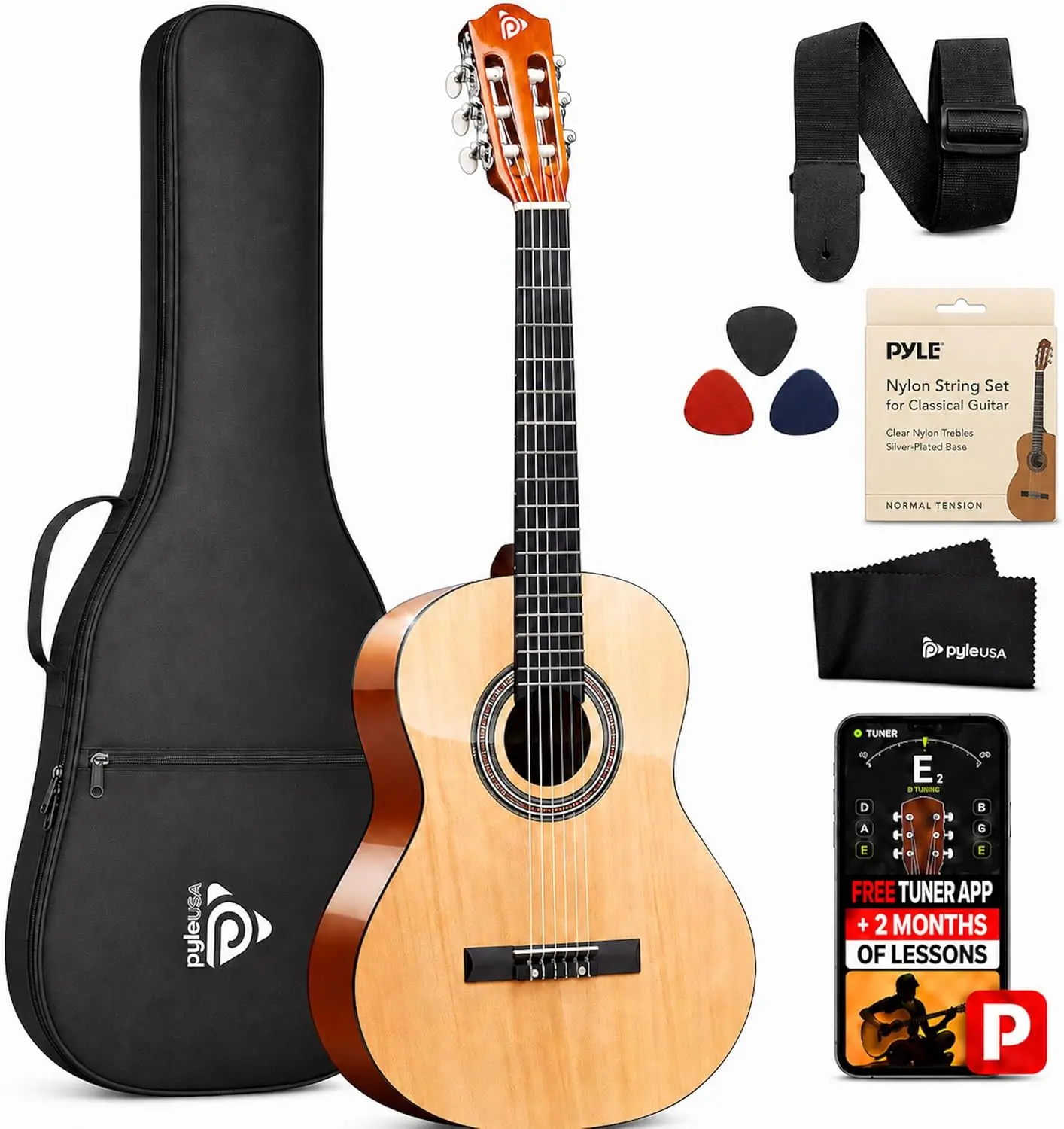 39” Acoustic Guitar Kit for Beginners - Natural Ash | All Wood Guitar Set with Gig Bag, Picks, Nylon Strings, Shoulder Strap & Cleaning Cloth - Easy to Carry - Perfect Gift For Musicians
