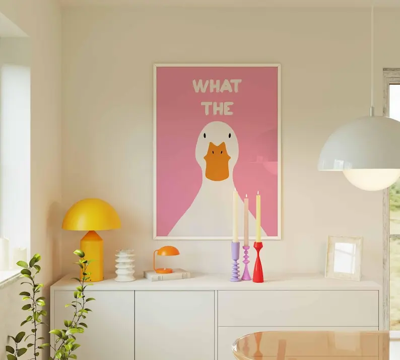 What The Duck Poster, Funny Goose Print, Meme Decor, Pink Animal Artwork, Quirky Room Decor