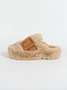 Women's Fluffy Open-Toe Slippers, Comfortable Indoor House Shoes with Adjustable Buckle and Arch Support, Perfect for Home Use