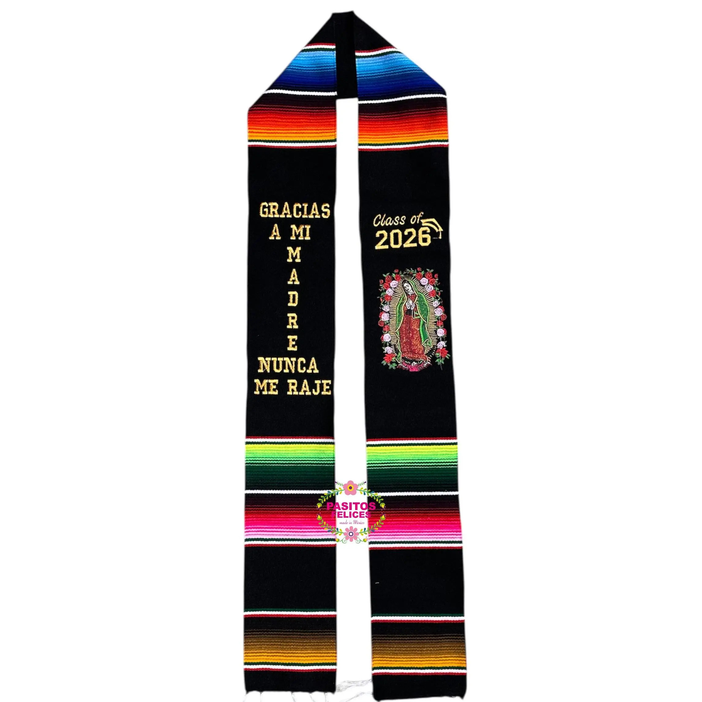 *2026* Gracias a mi Madre Floral Virgen Black Graduation Stole Sarape Sash IN STOCK
