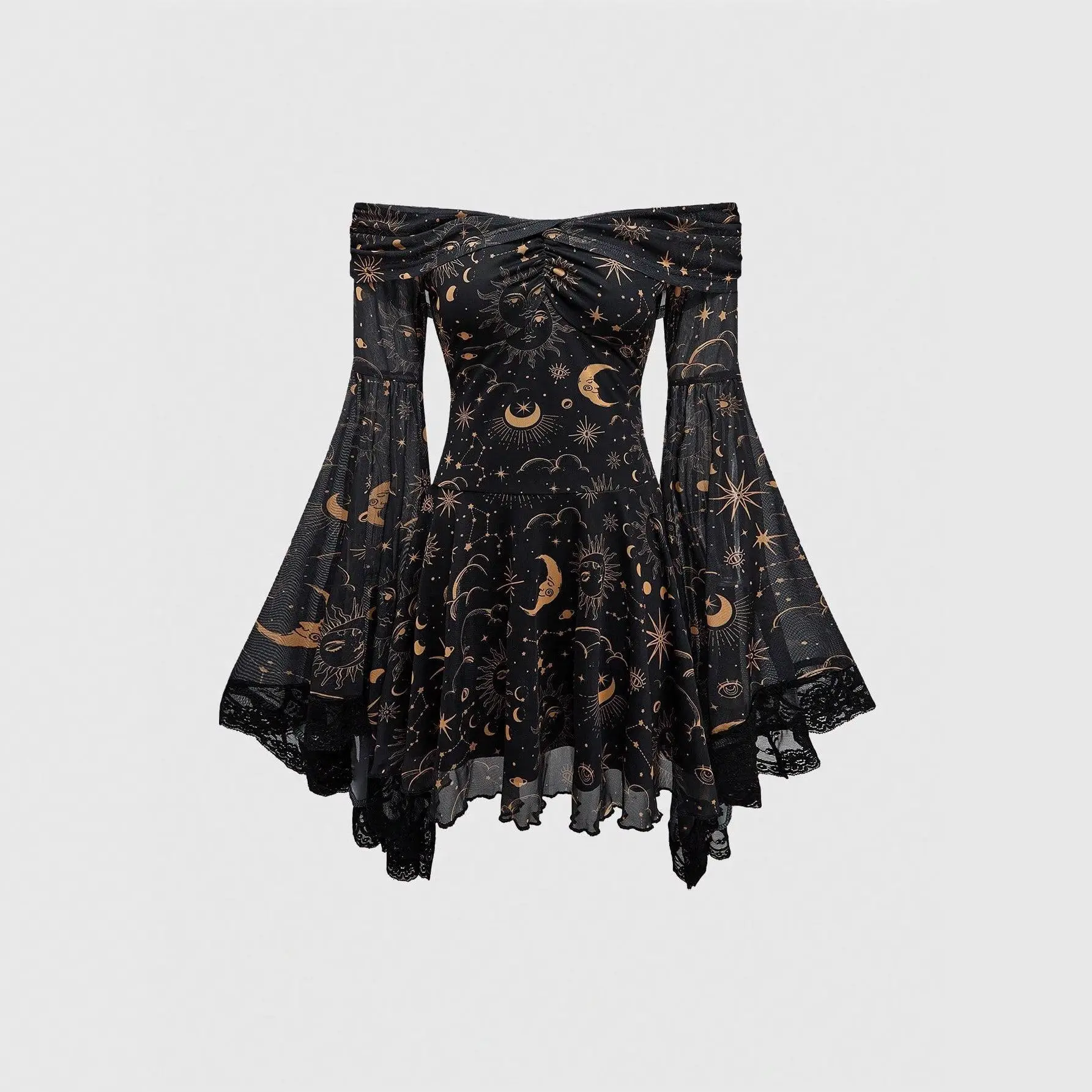 Off‑Shoulder Sun Moon Star Print Mesh Mini Dress, Bell Long Sleeve Lace Trim Gothic A‑Line Flowy Dress
