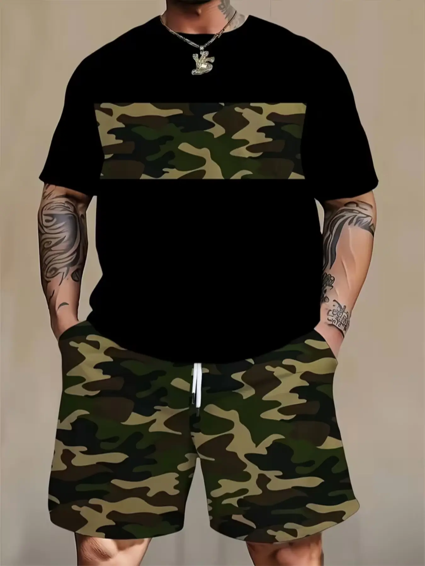 Men's 3D Digital Print Camo Camouflage Short Sleeve Shorts Set, Outfit, Large Size Men's Clothing, Menswear, Modern Style, Casual, Loose-Fitting, All Seasons