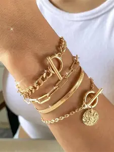 Women's 4-Piece Coin Pendant Chain Bracelet Set, Vintage Bohemian Style Stackable Bracelets for Daily Wear, All Seasons, Stackable Design