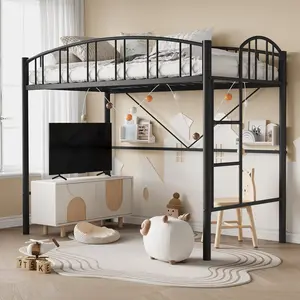 Loft Bed Twin Size, Heavy Duty Metal Loft Bed Frame with Arched Guardrail and Safety Ladder, Space-Saving, No Box Spring Needed, Modern Black