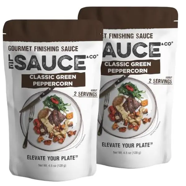 Le Sauce Gourmet Classic Green Peppercorn Sauce 2-pack, 2 serving Gourmet Steakhouse Quality Finishing Sauce, Low Sugar Steak Sauce, Pork Chops, Chicken, Potatoes, Vegetables or Shrimp w/Whole Food Ingredient Sauce Packets, Cream Steak Sauce