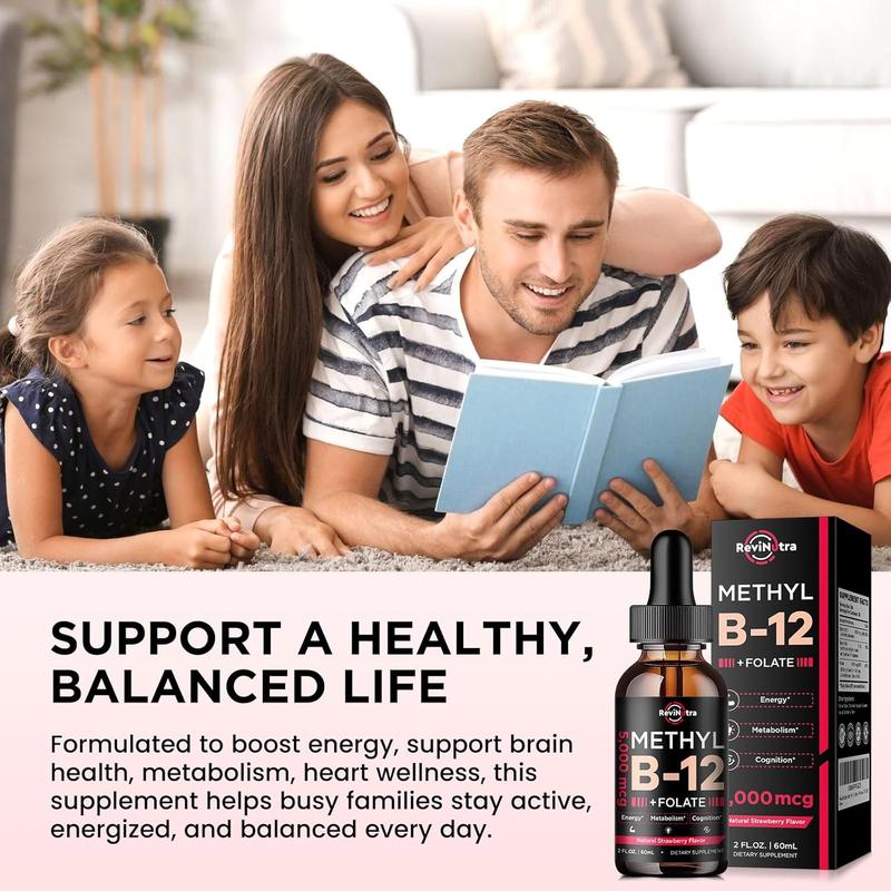 ReviNutra Vitamin B12 Drops Sale | 5000mcg B-Complex with Methylcobalamin, Folate & B6 – 2oz Vegan Strawberry for Energy & Heart Health